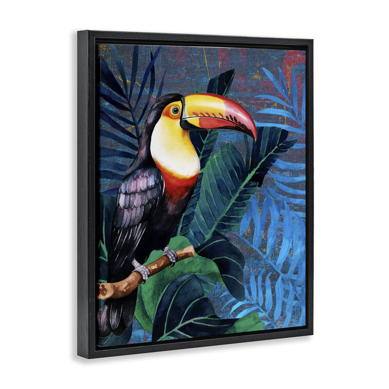 "Toucan lumineux entre feuilles", art mural encadré par Karen Smith, H 21 po x l 17 po, Cadre flottant noir de jais