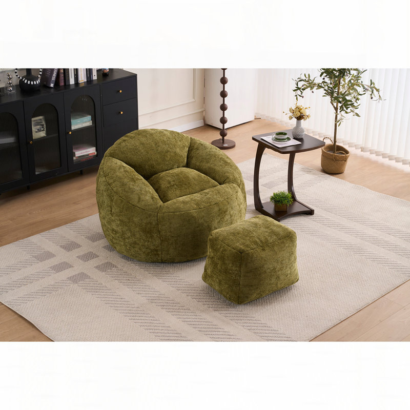 Fauteuil à billes en chenille avec repose-pieds, Chenille vert olive