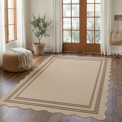 Scalloped Easy Jute Area Rugs, Tan/Checkered Indoor Outdoor Patio Rugs, Washable Geometric Dining Room Carpet for Backyard Office, Oeko-Tex Certified