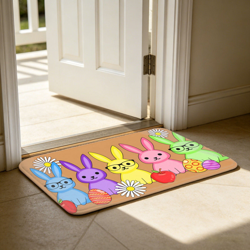 Brown Base Six Colorful Cartoon Rabbit With Apple Pattern Doormat 24"x 36"