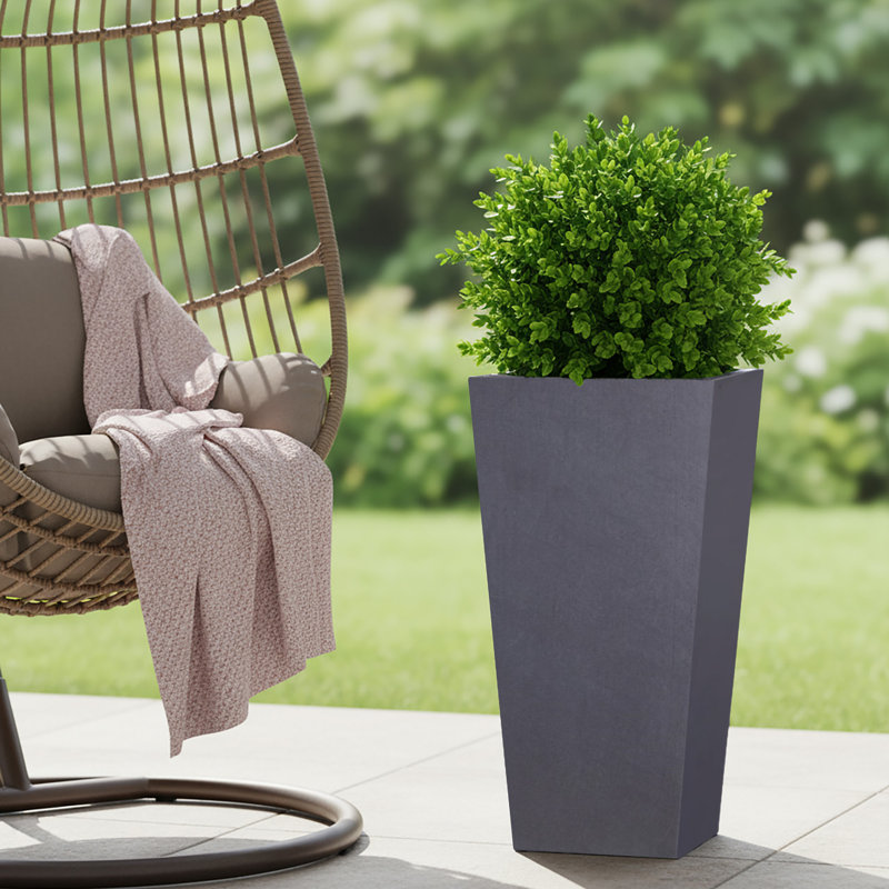 Tall Planter with Drainage Holes, Frostproof Outdoor Plant Pot, Concrete Effect Tall Tapered Planter, Dark Grey