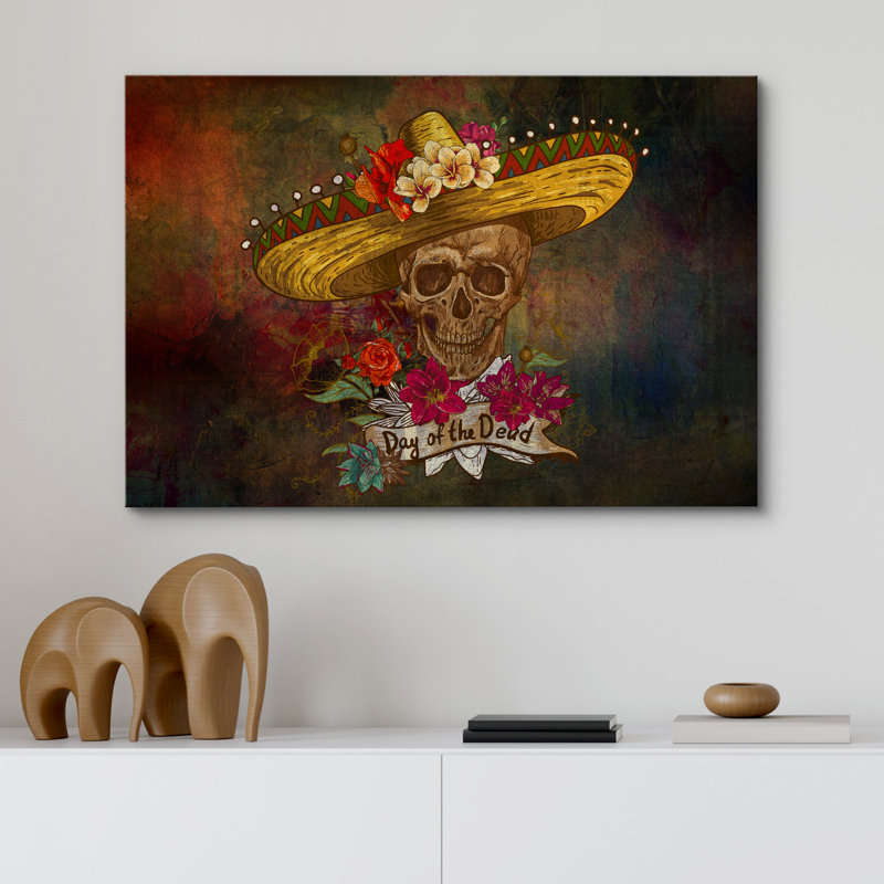 Moody Gothic " Day Of The Dead (Dia De Los Muertos) Themed Skull With A Hat And Flowers ", 24" H x 36" W x 1.5" D