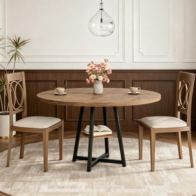 Industrial Round Dining Table, 47 Inch Round Kitchen Table for 4, Dinner Table with Wooden Top and Metal Base for Dining Room, Living Room