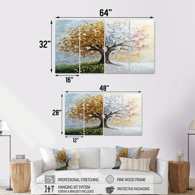 Arbre vert et jaune avec quatre saisons - ensemble d'art mural arbre de vie, H 28 po x l 48 po