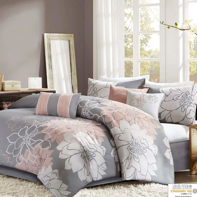 Literie grand gris / pêche - coton imprimé, floral, rembourrage, jupe de lit et 3 coussins rembourrés, design,, Gray/Peach