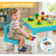 Cet ensemble de table de construction pour tout-petits bleu comprend 1 chaise, 128 blocs de construction et une boîte de rangement; Sa fabrication robuste en ABS, ses bords lisses et son dessus étanche en sable et en eau conviennent aux jeux d'intérieur ou d'extérieur pour les enfants de 3 ans et plus et aux cadeaux.