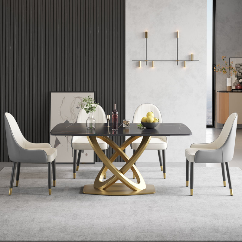Ensemble de table de salle à manger à piédestal en pierre 7 pièces, Gris / blanc, Noir