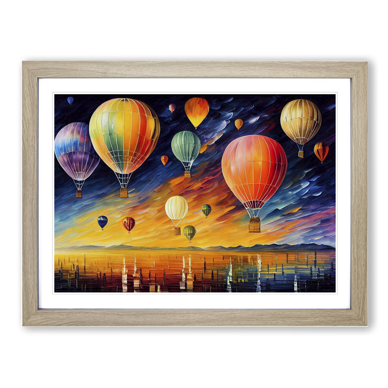 Many Hot Air Balloons - Single Picture Frame Painting, 34cm H x 46cm W x 2cm D, Oak