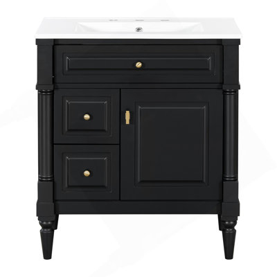 Meuble-lavabo de 30 po avec lavabo, armoire de salle de bain autoportante noire avec tiroir rabattable et tablette réglable, structure en bois d'hévéa massif, panneaux de fibres à densité moyenne et poignées en métal