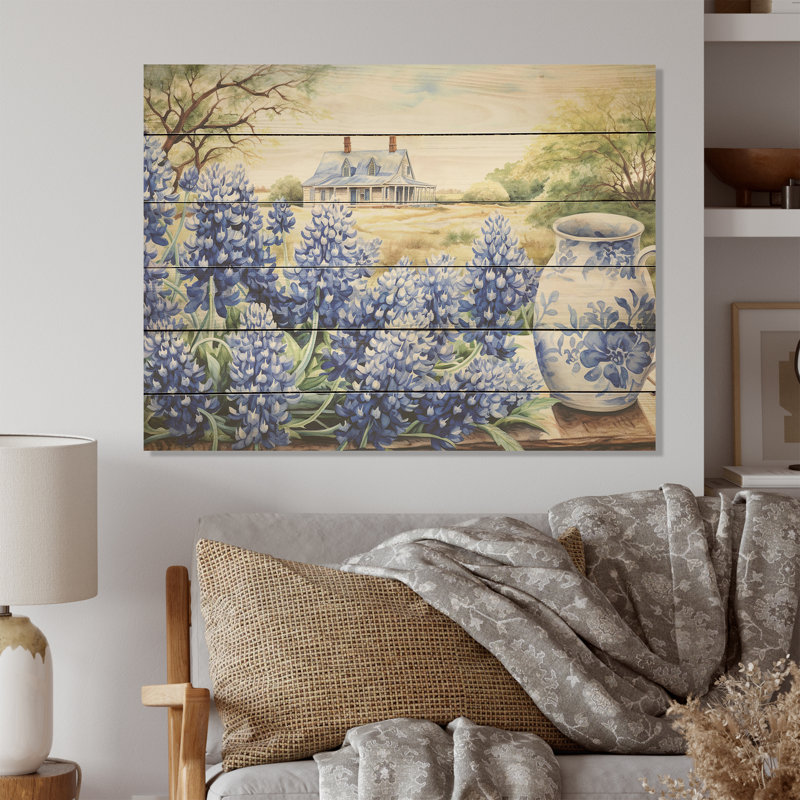 «Blue Bonnets Farmhouse Still Life - Blue Bonnets», art mural sur bois de pin naturel, H 30 po x l 40 po