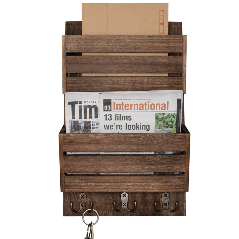 Mail Organizer With 4 Hooks, Wall Mount, Cedar Wood Key Holder, Brown