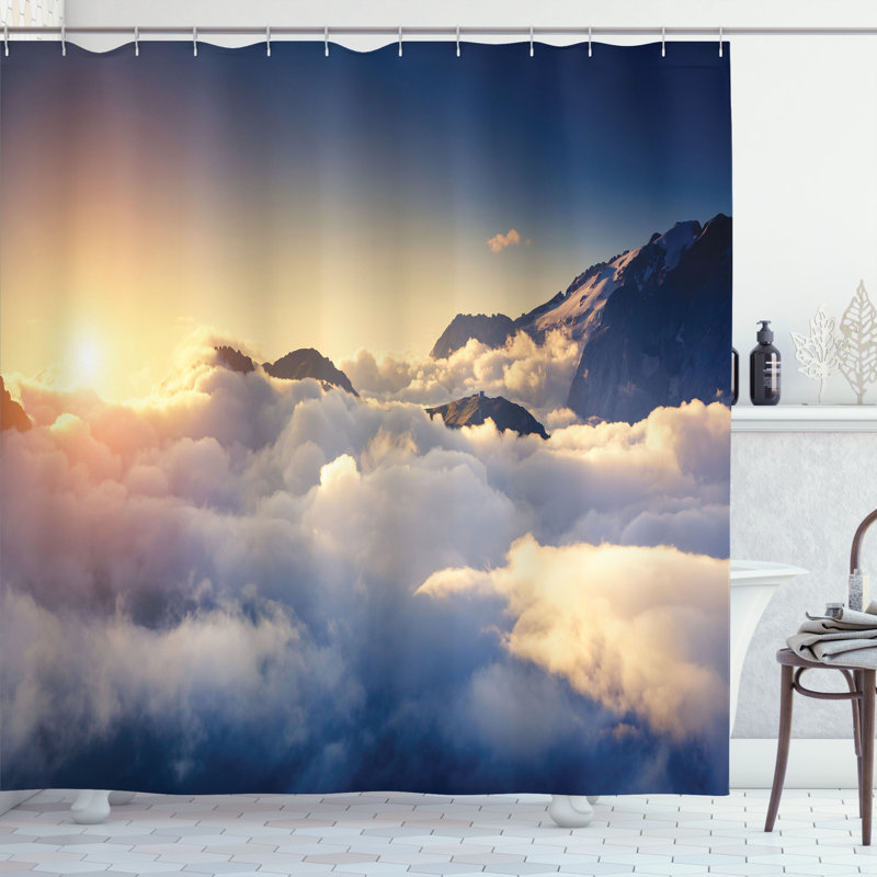 Union Rustic Mountain Shower Curtain Climbing Above Clouds Beige Navy, 70" H x 69" W