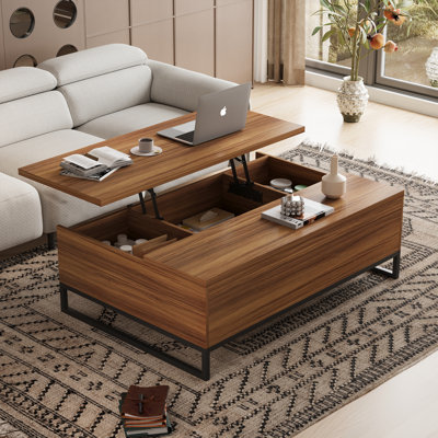 Table basse à plateau relevable de 43 po avec rangement caché, grande table de hauteur moderne en noyer pour travailler et manger sur le canapé, structure en métal robuste, table de centre Mid-Century pour le salon, appartement