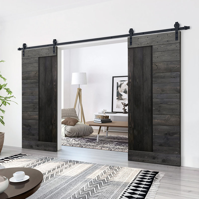 84'' Charcoal Black Solid Wood Barn Door Kit with Matte Black Hardware