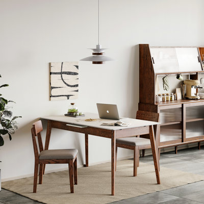 Table en chêne massif avec surface en ardoise blanche, extensible de 1,2 à 1,5 m, et table en bois extensible, 1,5 m, finition noyer, ardoise, élégante