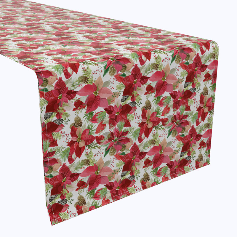 Table Runner, 100% Cotton, 16X108", Poinsettia & Pinecones, 108" L x 16" W