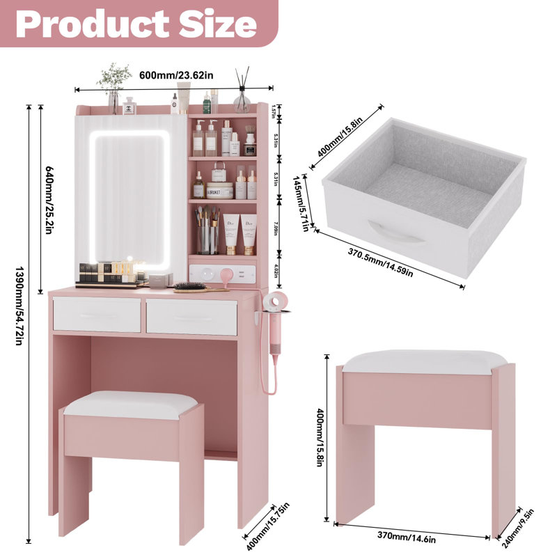 Coiffeuse DEL avec miroir et éclairage RVB intégré, pink