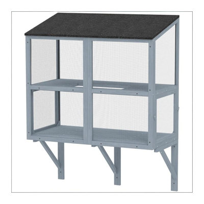 Maison de chat gris en métal et bois avec grillage pour balcon extérieur Catio