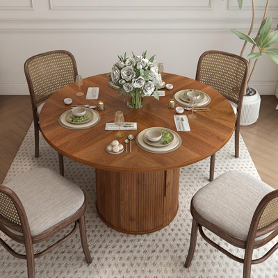 47 Inch Round Dining Table For 4, Kitchen Table Dinner Table With 2-Layer Storage Shelf And Wood Slide Door For Home Dining Room Living Room (Walnut)