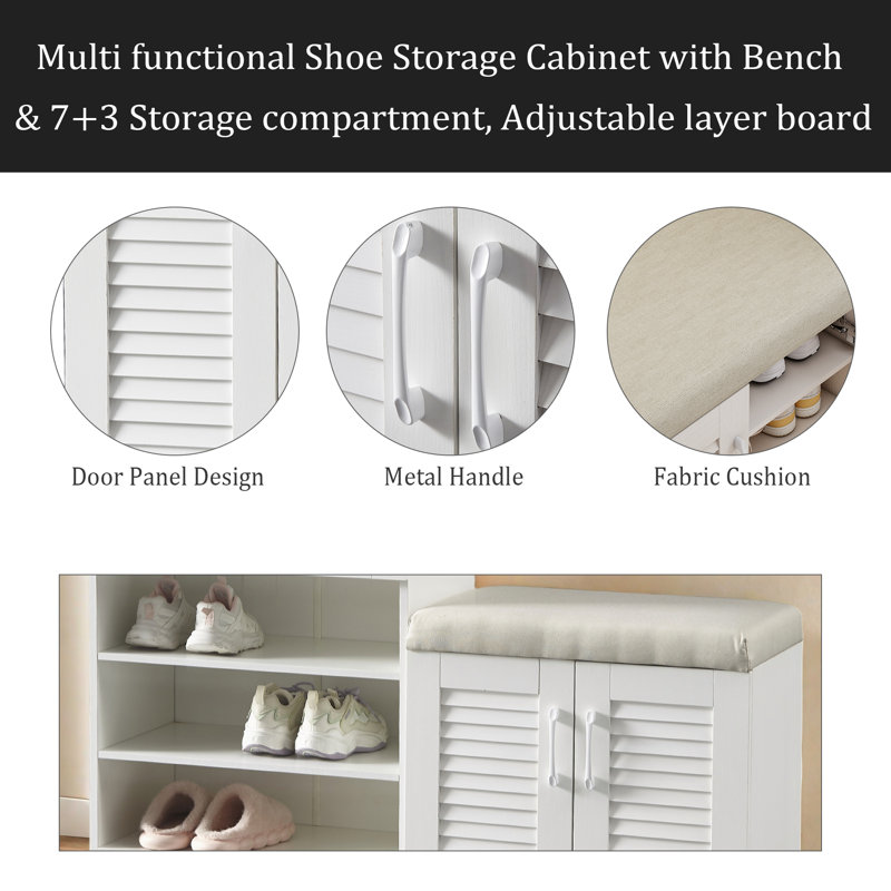 Multi Functional Shoe Storage Cabinet With Bench & 7+3 Storage Compartment, Adjustable Layer Board , Shoe Bench With Cushion For Entryway, Freestanding Shoe Rack For Mudroom, Hallway