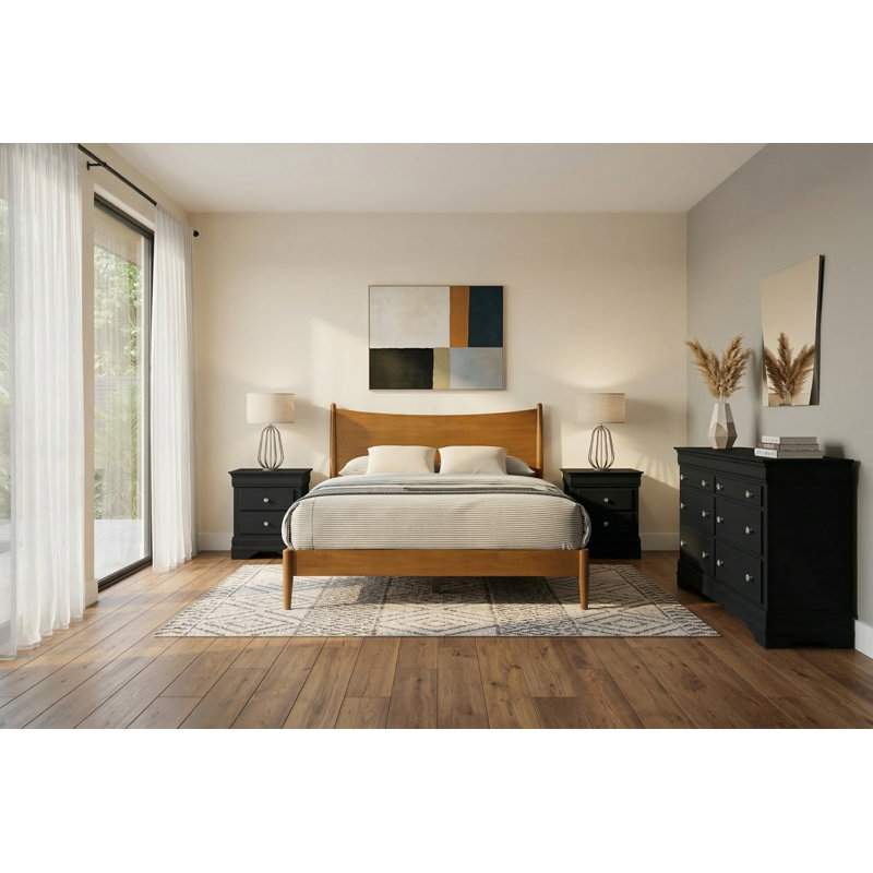Barvelle Solid Wood 4 Piece Bedroom Set, Orange/Ivory, 4 Pcs: Bed, Dresser, 2 Nightstands