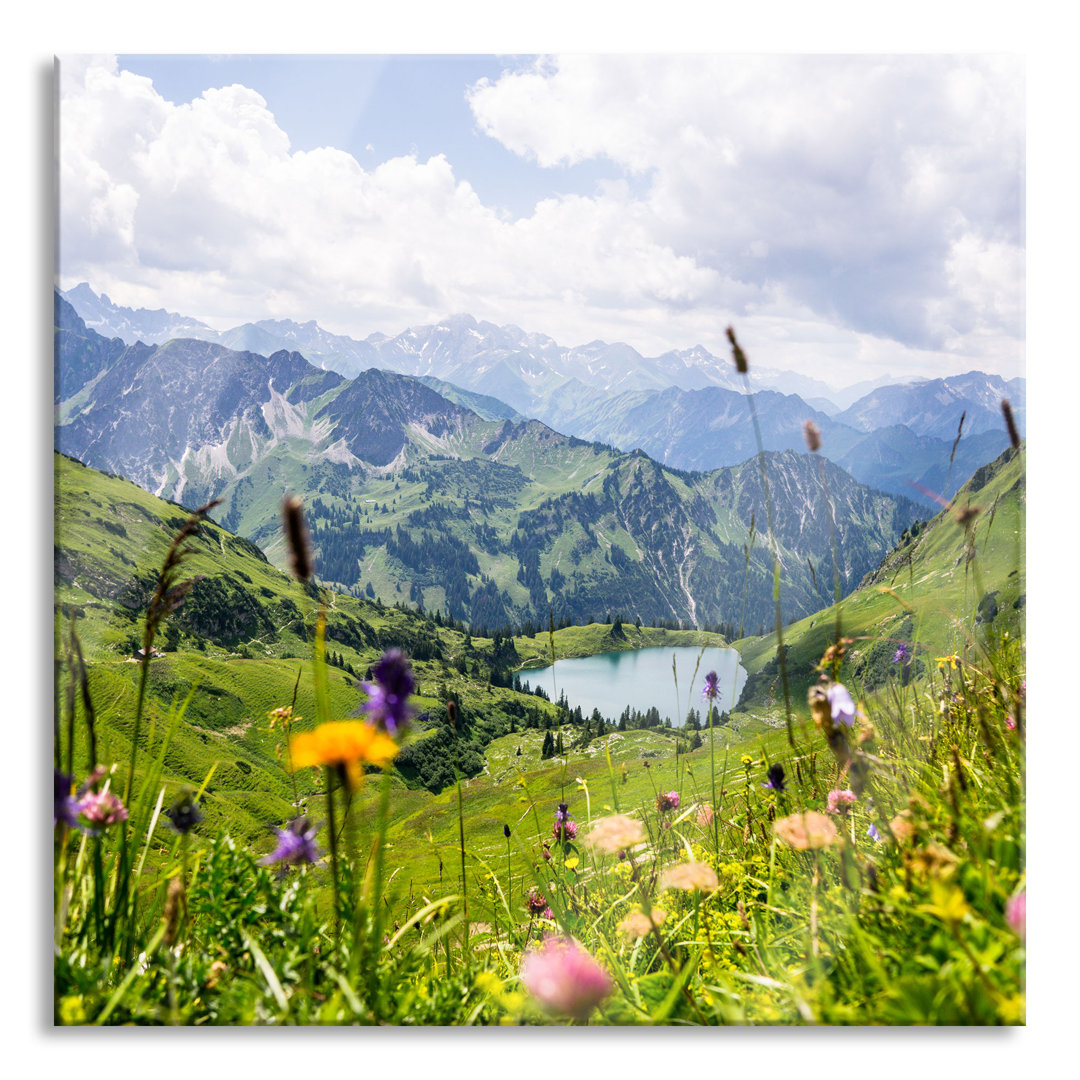 Glasbild Wiesenblumen in den Bergen