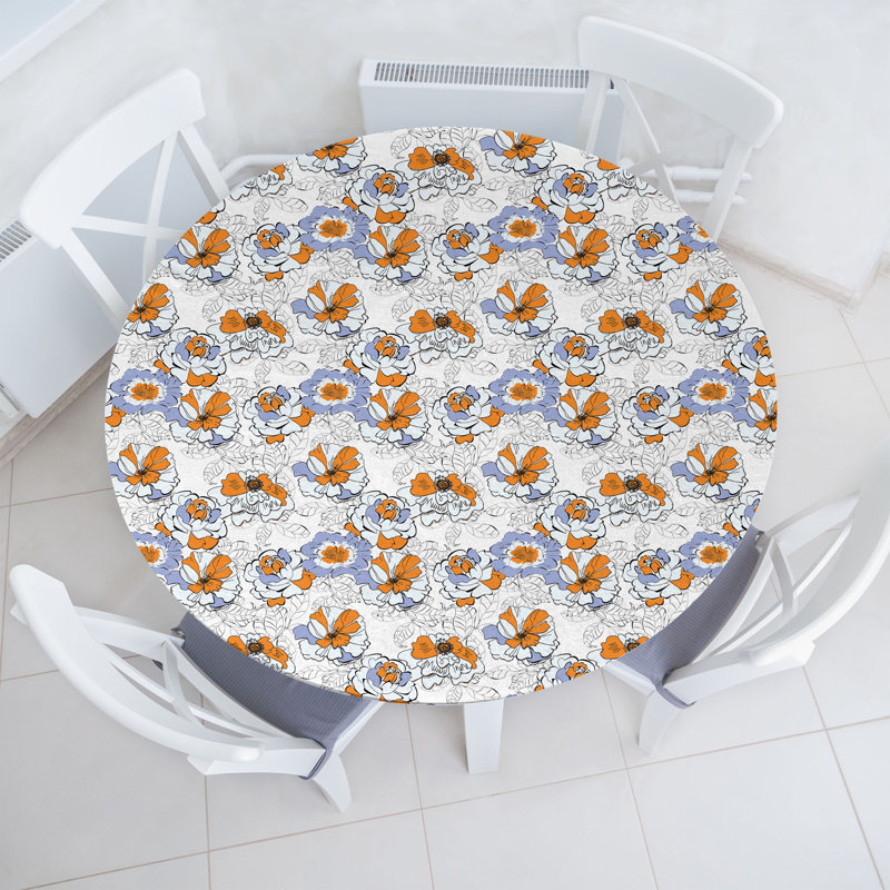 Winston Porter Floral Fitted Round Tablecloth LLavender Blue Orange 77346, 64.17" Round