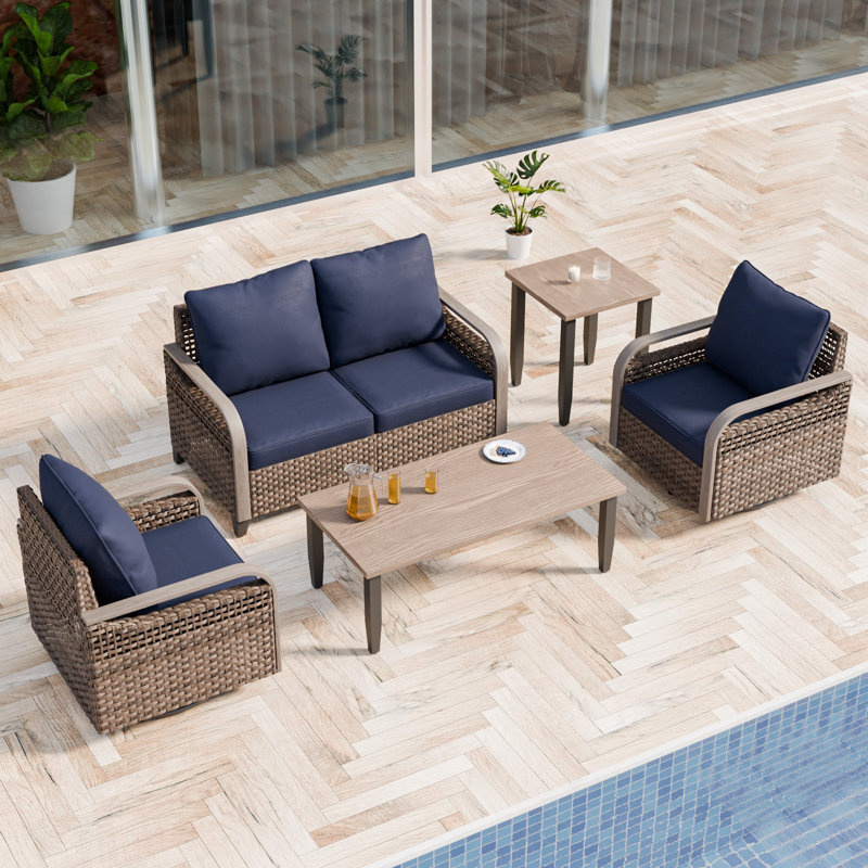Ensemble de conversation d'extérieur pour 4 personnes avec coussins, Bleu