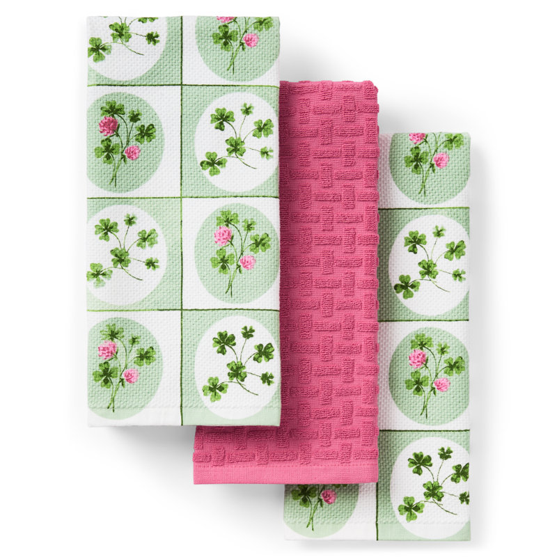 TOWN & COUNTRY LIVING Clover Windows Kitchen Towel 3-Pack Set, White/Green/Pink, 16"x28"