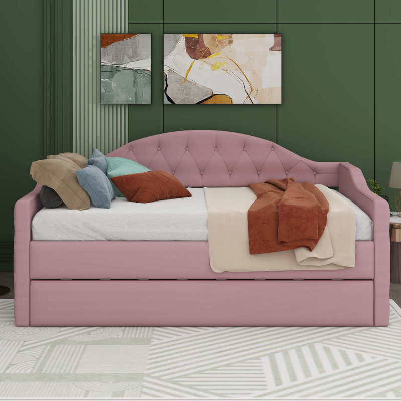 Harlowe Twin Size Tufted Velvet Upholstered Daybed With Trundle, USB & Type-C Charging Port, Pink