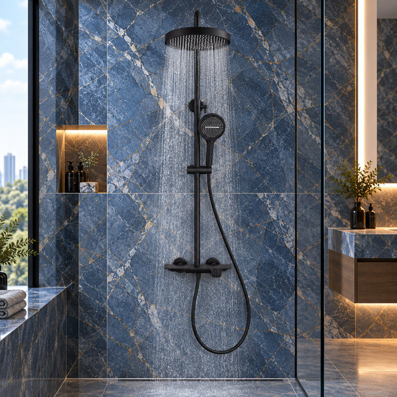 Système de douche à 3 fonctions avec pomme de douche à pluie, douchette et bec de baignoire avec inverseur à bouton-poussoir