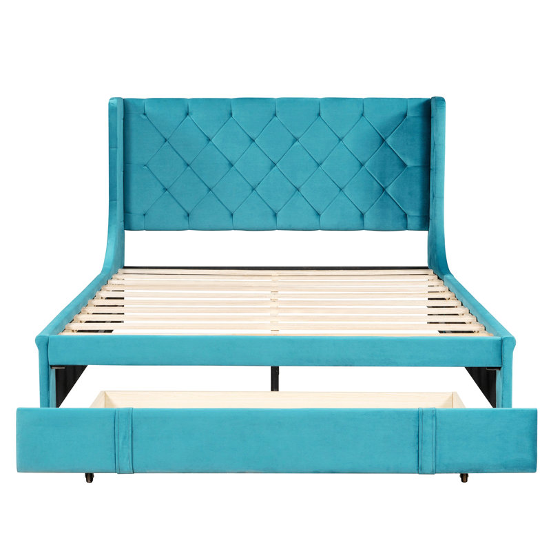 Grand lit plateforme tapissier avec rangement Darcy-Mae, Bleu