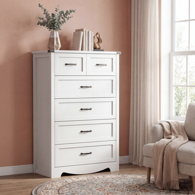 Commode 6 tiroirs, commode haute en MDF de 46 po avec rangement profond, meuble télé moderne et rangement avec poignées en métal pour la chambre à coucher et le salon, blanc