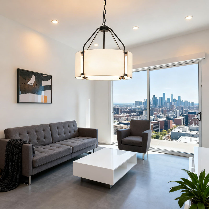 Luminaire suspendu moderne en forme de tambour avec abat-jour en lin blanc, chaîne de suspension réglable pour la salle à manger, la cuisine, la chambre à coucher, le salon, l'entrée