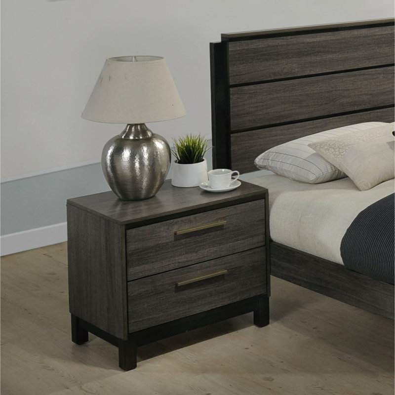 Bedroom Nightstand With Antique Grey Finish, 2 Drawers, Practical 2 Nightstand, Grey, Adds Elegance To Room