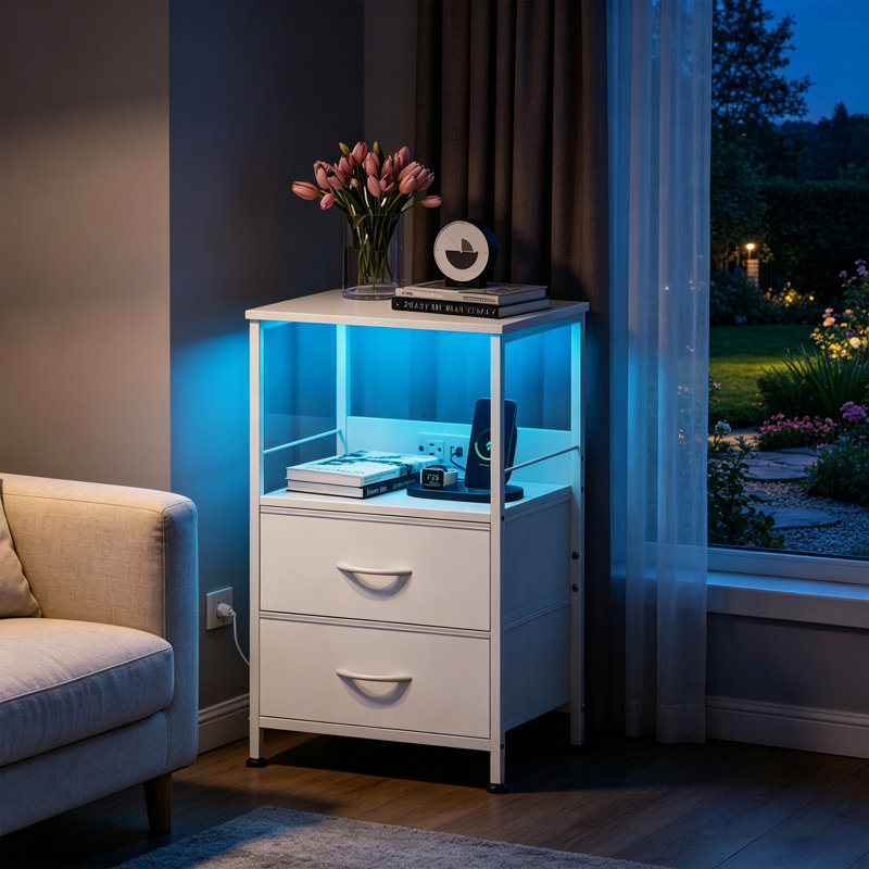 Gwytha Farmhouse Nightstands with Charging Station and LED Lights, Bedside Tables With 2 Drawers and Open Shelf, USB Ports And Outlets