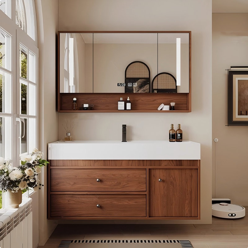 39.76"Solid + Manufactured Wood Bathroom Washbasin Vanity With a Mirror Cabinet, 40"