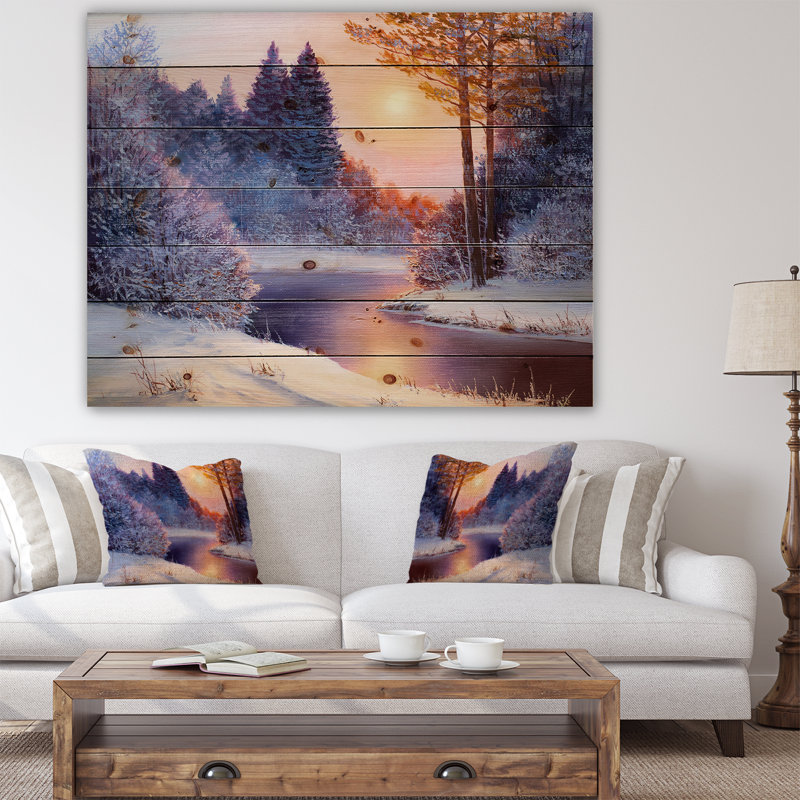 Paysages «Christmas Forest with River», impression, H 15 po x l 20 po x P 1 po, Bois
