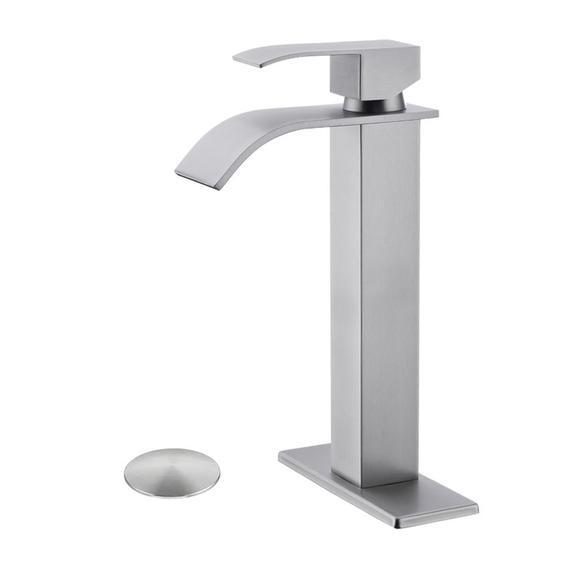 Robinet de lavabo de salle de bain à poignée simple avec bonde escamotable Waterfall, Nickel brossé