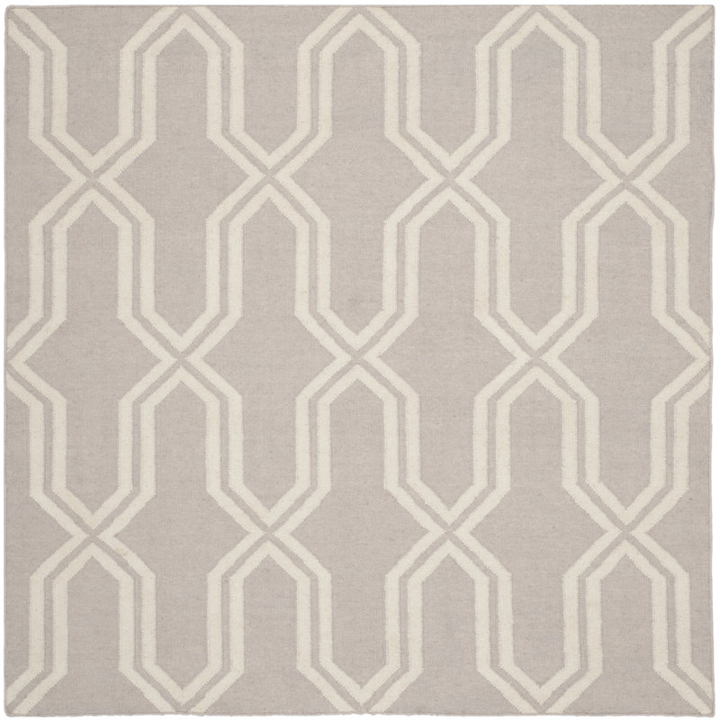 Rodgers Hand Woven Flat Weave Wool/Cotton Geometric Rug in Gray/Ivory, Square 8'