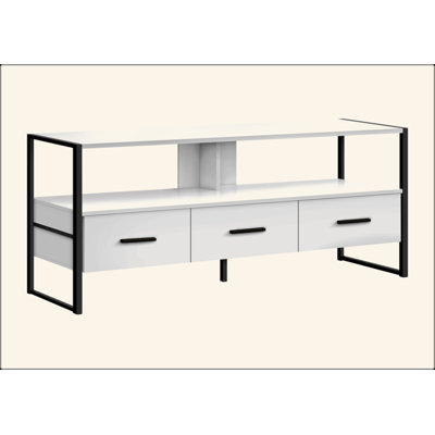 Meuble télé, console de 48 po, meuble multimédia, tiroirs de rangement, salon, chambre à coucher, stratifié blanc, métal noir, contemporain, moderne