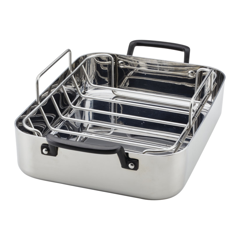 Polished Stainless Steel Non-Stick Roasting Pan with Rack and Handles