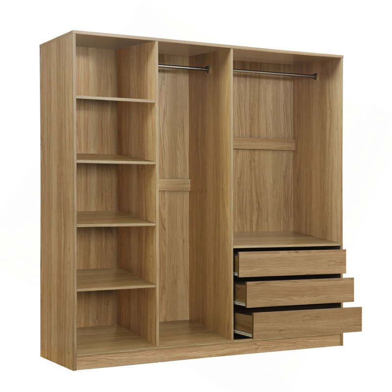 Doorless Wooden Storage Wardrobe For Dedroom With Shelves And 3 Drawers, Natural