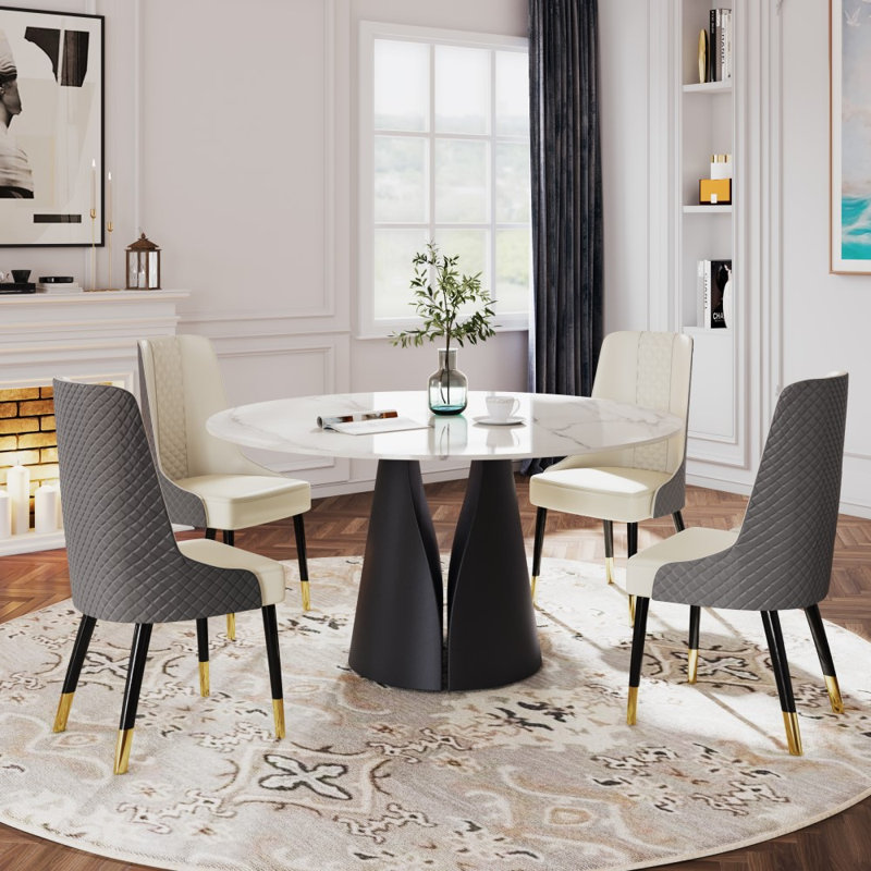 Leilia Modern 7-Pieces Dining Room Sets, Pre-Assembly Round Dining Table Sets, Sintered Stone Tabletop Kitchen Dining Table Set with 6 PU Upholstered Chairs