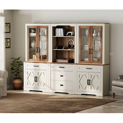 3 Column Bookshelf Set,5 Tier Book Shelf With Open Storage And Glass Doors,73"H Tall Wood Bookcase With Storage Cabinet And Drawers For Study,Bedroom,Living Room,Oak
