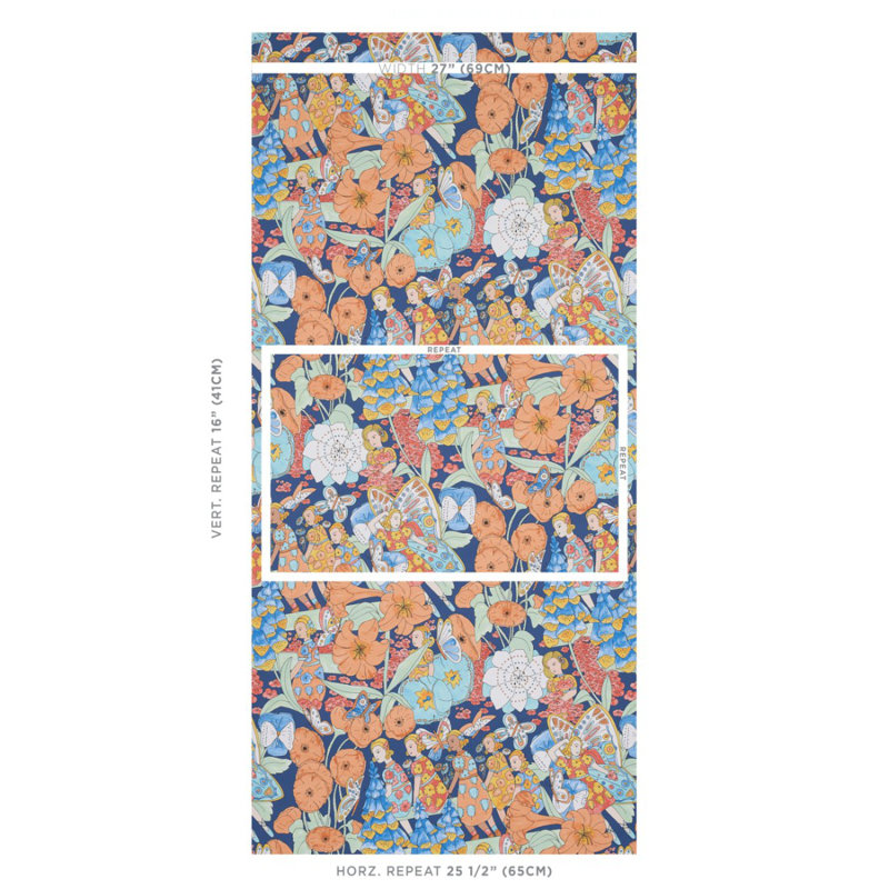Papier peint Schumacher x Clements Ribeiro, Orange et bleu marine