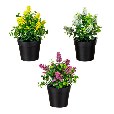 8in. Artificial Flowering Arrangement in Black Pot - Set of 3