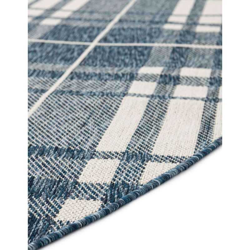 Tereon Plaid Machine Made Power Loom Polypropylene Plastic Indoor/Outdoor Area Rug in Blue/White, Round 3'3"