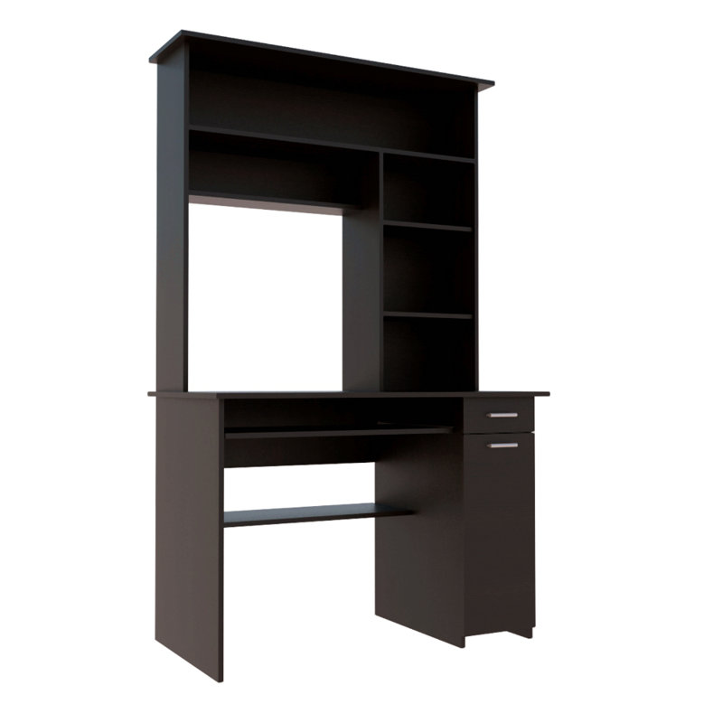 Compu 180 Hutch Desk, Multiple Shelves, Retractable Keyboard Tray, Cpu Door Panel, One Drawer, Black