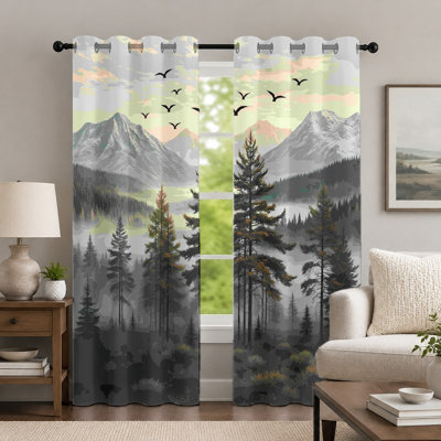 2Pcs Mountain and Forest Scenery Curtains, Nature Landscape Print Curtain, Artistic Pine Tree and Bird Pattern Grommet Drapes, Window Treatment for Bedroom Living Room Decor